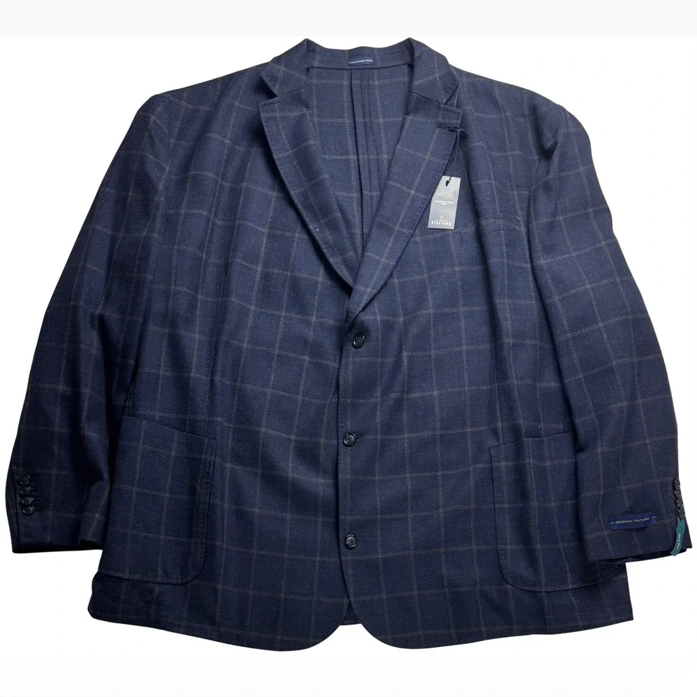 Stafford Big & Tall Navy Windowpane Wool Blend Sport Coat Blazer 60L New